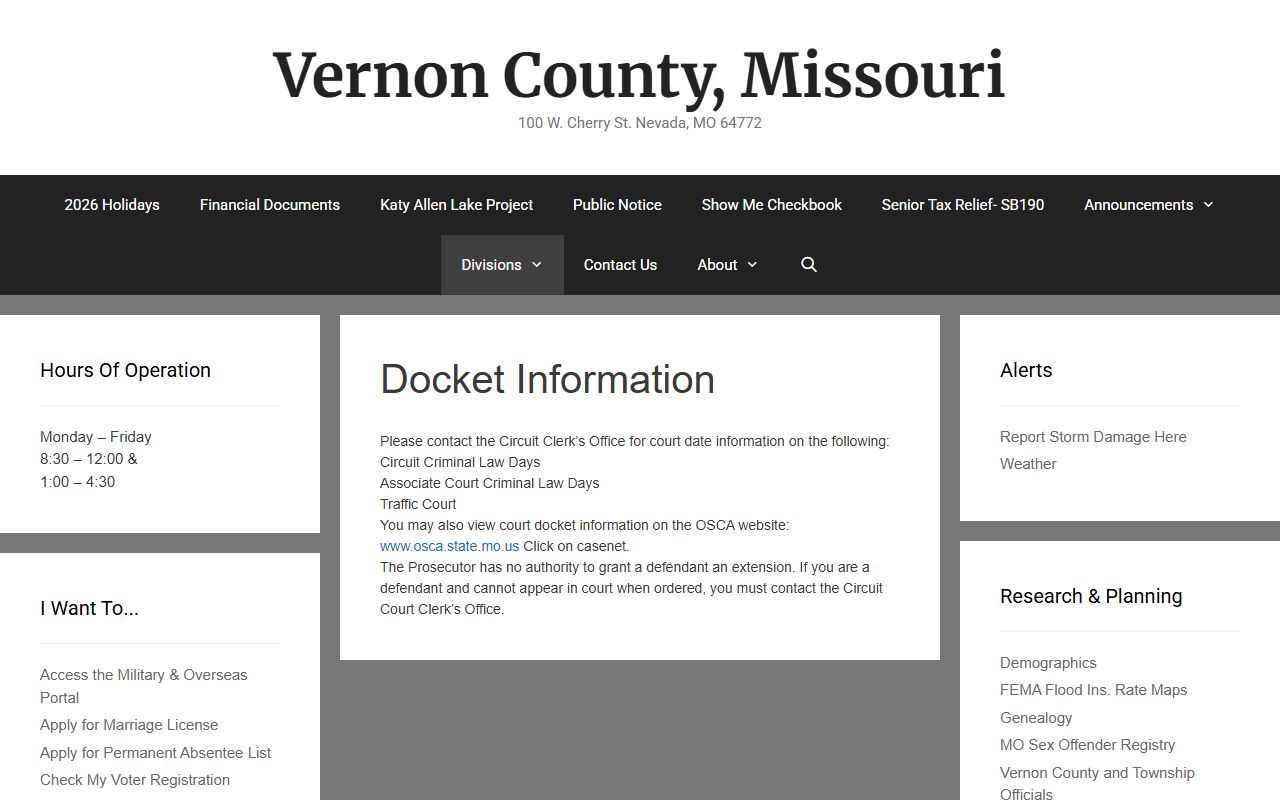 Vernon County court dockets information page for Case.net and clerk contacts