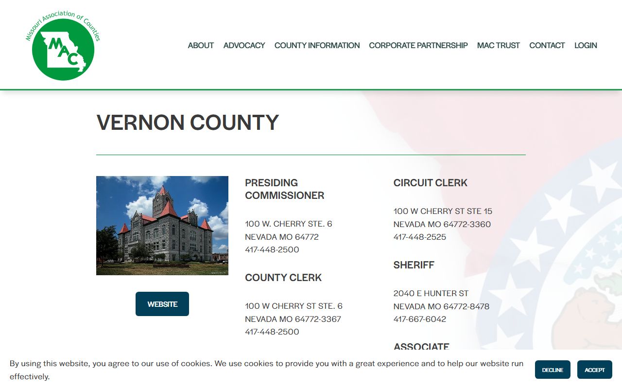 Vernon County court dockets and Missouri Association of Counties office listing