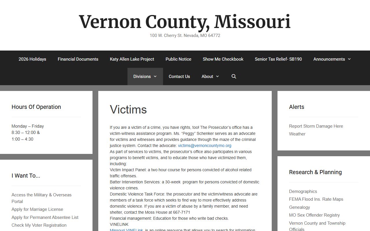 Vernon County court dockets and victim witness assistance resource