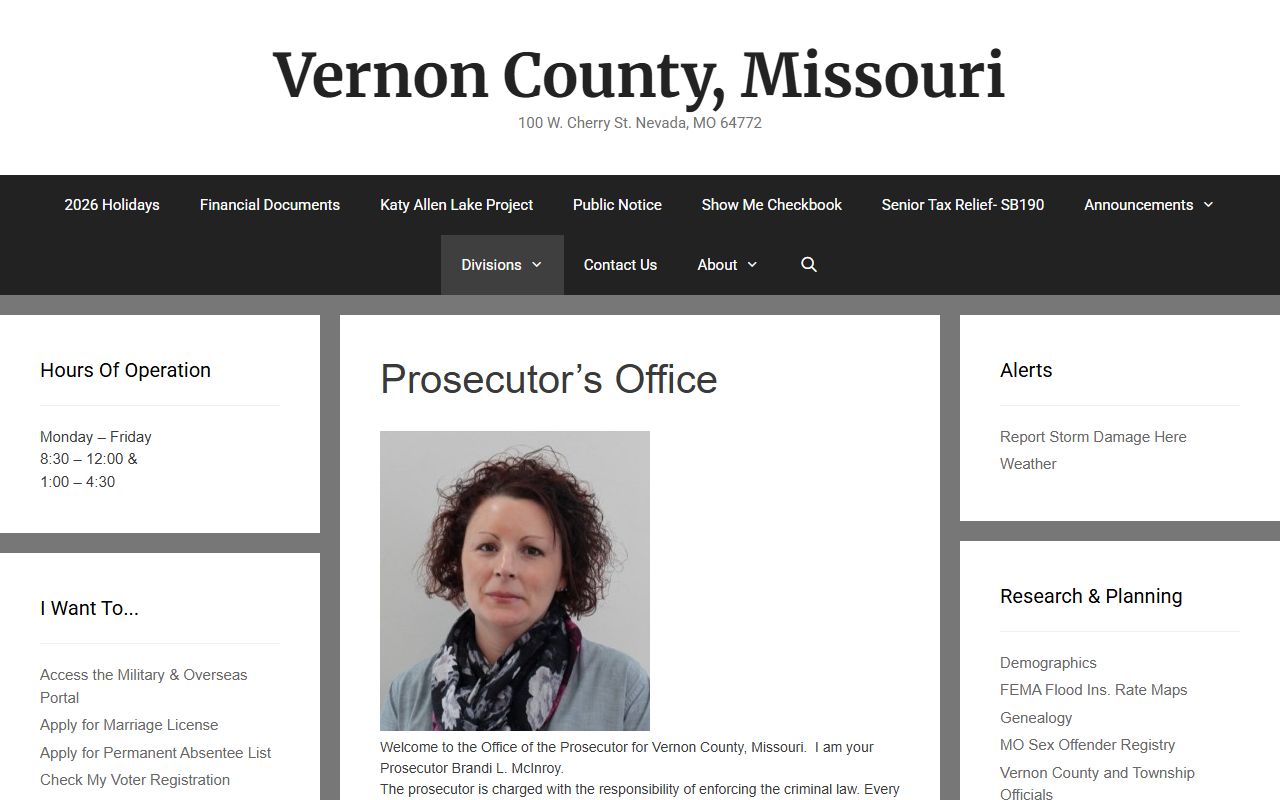 Vernon County criminal court records and Prosecuting Attorney page