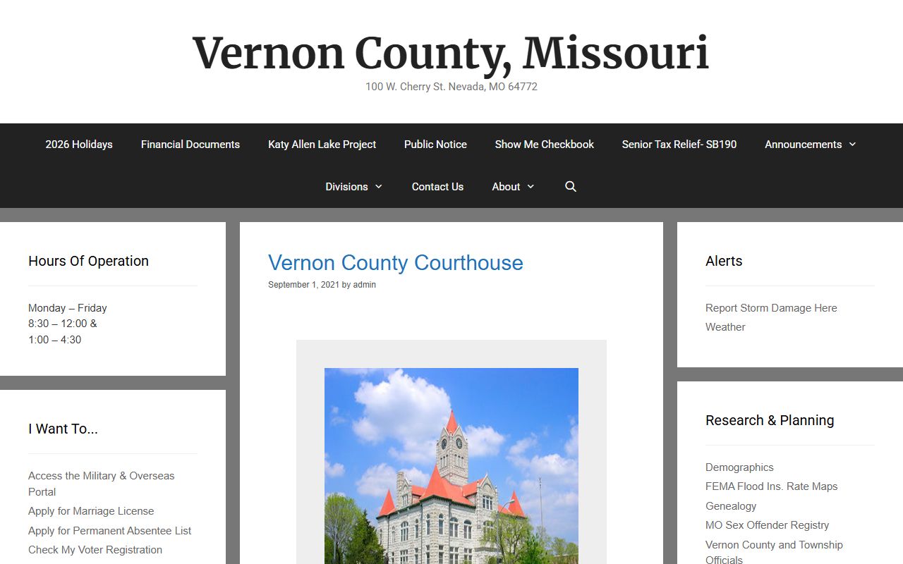 Vernon County Court records homepage and courthouse department navigation