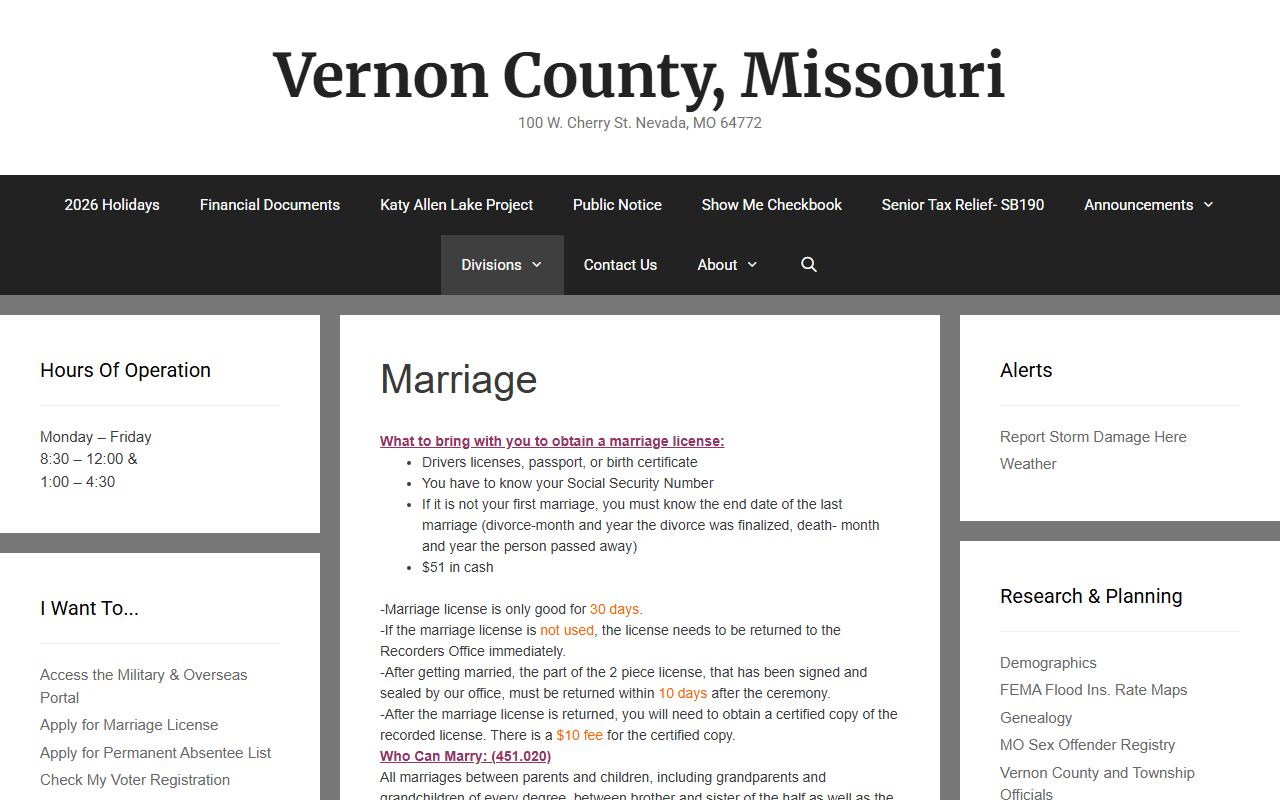 Vernon County marriage records license requirements page