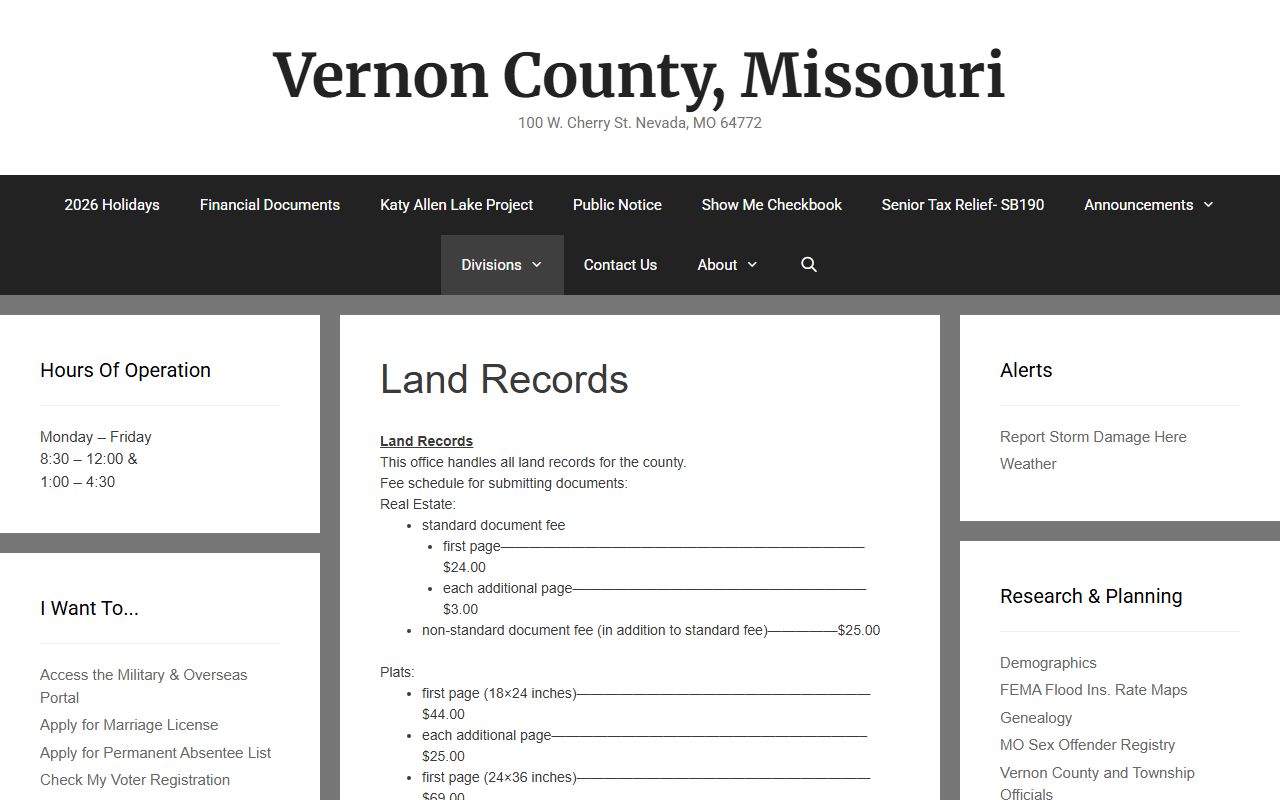 Vernon County marriage records Recorder fee schedule