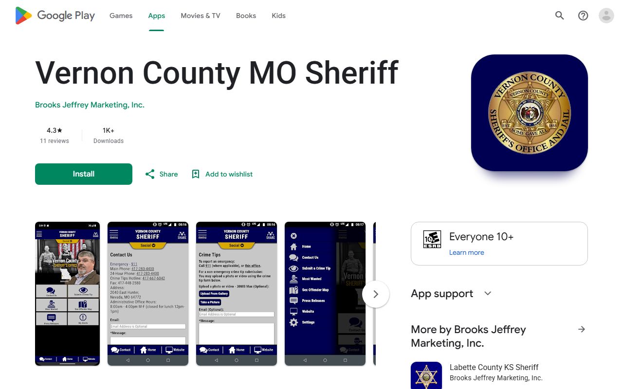 Vernon County warrant search Google Play sheriff app listing