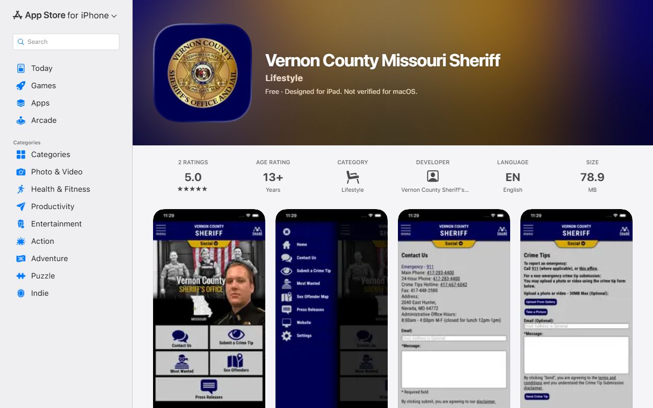 Vernon County warrant search Apple sheriff app listing